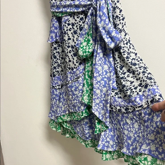 Tanya Taylor Blue and Green Silk Floral Wrap Mini Dress Flutter Sleeve 12 Med - Picture 5 of 11